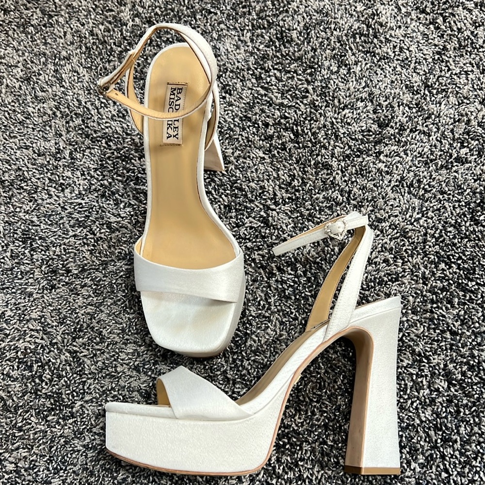 White satin platform heels